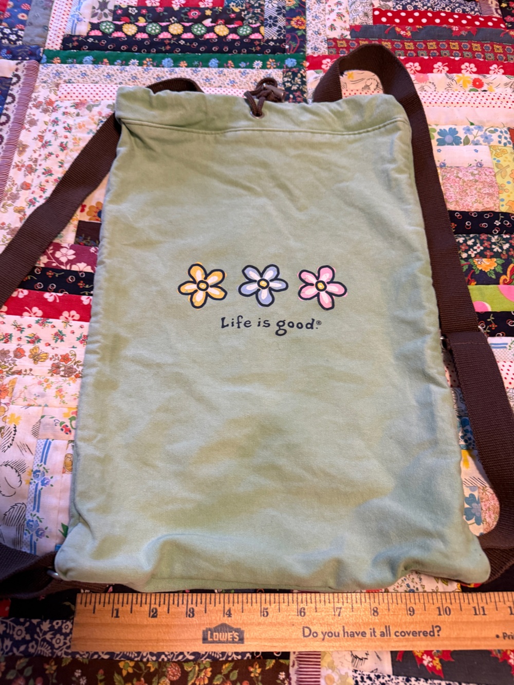 Life Is Good Mint Green Tote with Pink Purple Yellow Floral Print